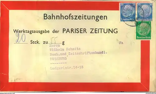 1941, Vorbindezettel für BAHNHOFSZEITUNGEN (Pariser Zeitung) mit Feldpost nach Duisburg