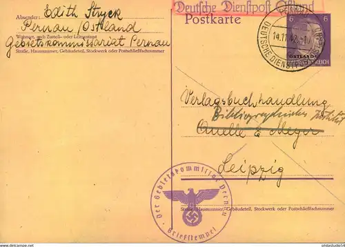 1942, "DEUTSCHE DIENSTPOST OSTEN" 6 Pfg. Überdruckganzsache ab PERNAU