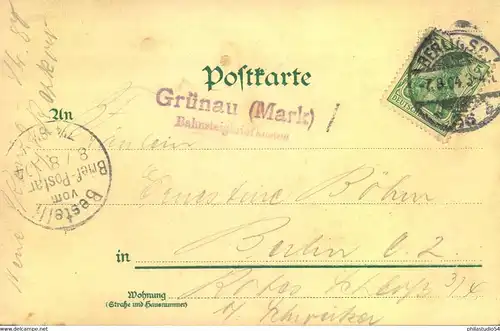KLASSISCHE BERLINSTEMPEL: 1904, "Grünau (Mark) Bahnhofsbriefkasten" als Nebenstempel auf AK