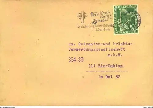 1950, 10 Pf. Philharmonie als EF auf Ortsbrief ab BERLIN -CHARLOTTENBURG.