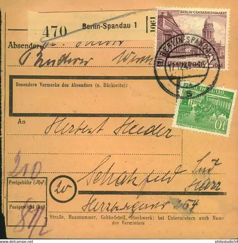 1949, Paketkarte ab BERLIN - SPANDAU frankiert mit 2 DM und 10 Pf. Berliner Bauten