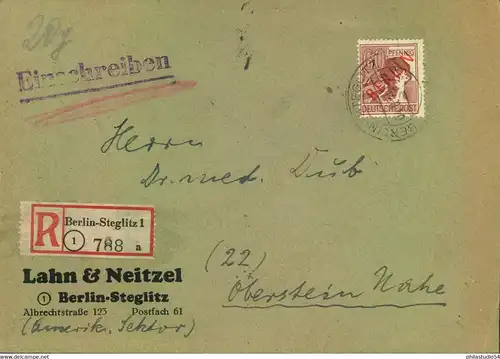 1949, 60 Pf. Rotaufdruck al EF auf Einschreiben "BERLIN-STEGLITZ 4.8.49"