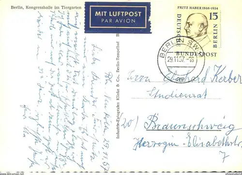 1957, Luftpostkarte ab "BERLIN SW 11" frankiert mit 15 Of. Haber