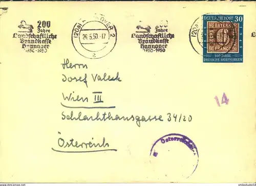 1950, 30 Pfg. "199 Jahre Deutsche Briefmarken" auf Auslandsbrief mit Maschinenstempel HANNOVER nach Wien