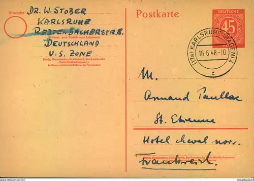 1946, 45 Pfg. Ziffer GSK ab KARLSRUHE  (VADEN)  16-6-46 nah Frankreich