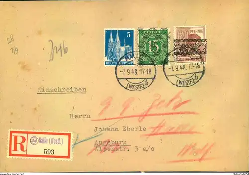 1948, seltene MiF Arbeiter Band-, Ziffer Netzaufdruck und Bauten auf R-Brief ab ""HALLE (WESTF) . 4.9.48"