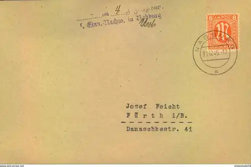 1946, "Einn. Nachw. "4" in Nabburg" seltener "Gebühr bezahlt"-Stempel als Teilbafrankatur auf Brief mit 8 Pfg. AM-Post