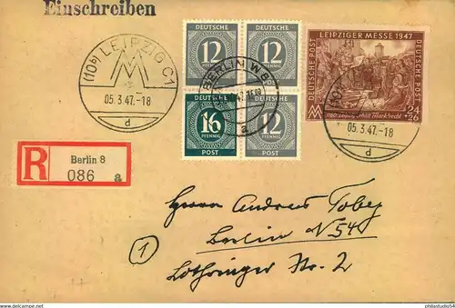 1947, Zusammendruckviererblock aus MH 50 mit  24 Pfg. Messe auf Orts-R-Brief mit SST ab Berlin 8