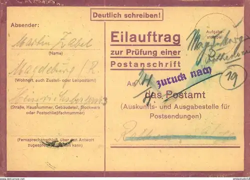 1944, 24.4., Eilauftrag/Postanschriftenprüfung Magdeburg - Rathenow