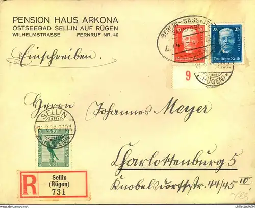 1928, 15 und 25 Pfg. Hindenburg miz 5 >Pfg. Luftpost auf R-Brief m. Bahnpost "BERLIN-SASSNITZ"
