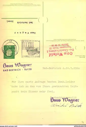 1960, Doppelkarte 10 Pfg. Heuss Madaillon, beide Teile bedarfsgebraucht ab BERLIN SW 11, zurück ab Bad Bertrich