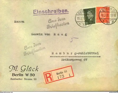 1932, Fern-R-Brief mit 12 u. 30 Pfg. Reichspräsidenten ab BERLIN W 50. "Aus dem Briefkasten"