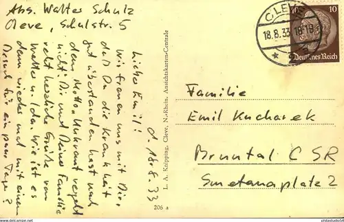 1933, 10 Pfg. Hindenburg (Wz Waffeln) als EF auf Postkarte im Sondertarif ab CLEVE in die CSR