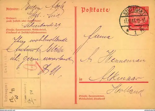 1933, GSK 15 Pfg. Hindenburgab "STUTTGART 11.10.33" mit viel Text nach Alkmar, Holland