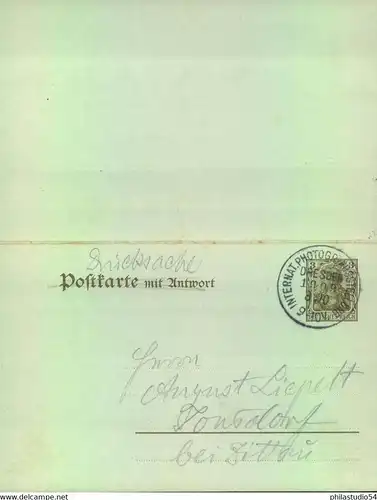 1909, "INTERNATIONALE PHOTOGR. AUSSTELLUNG DRESDEN" auf Doppelkarte blanko, Antwort BP "OYBIN-ZITTAU