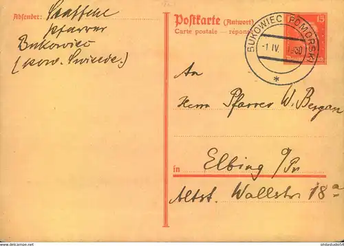 1930, 15 Pfg. Antwortkarte ab "BUCOWIEC POMORSKI 1. IV. 39", Polen, Westpreussen