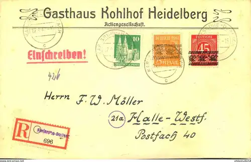 1948, Einschreiben mit Mischfrankatur Bauten und Bandaufdruck ab HEIDELBERG