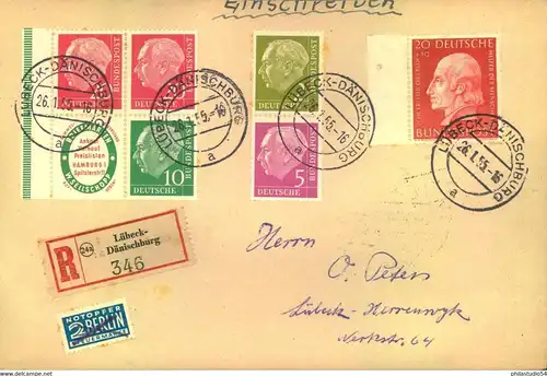 1955, Einschreiben mit Zusammendrucken ab "LÜBECK-DÄNISCHBURG"