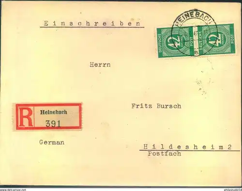 1946, Einschreiben ab "HEINEBACH 6.6.46 mit senkrechtem Paar 42 Pfg. Ziffer nach Heidelberg,
