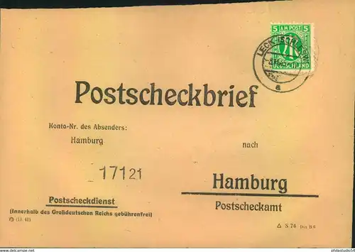 1945, 5 Pfg. AM-Post amerikanischer Druck als EF auf Postscheckbrief ab "LECK (SCHLESWIG) 8.11.45
