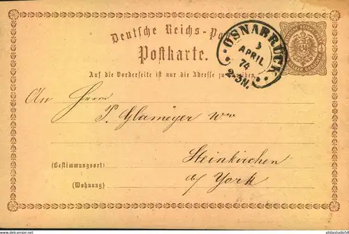 1874, Hufeisenstempel OSNABRÜCK auf 1/2 Groschen Ganzsachenkarte (P 1)