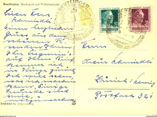 1949, 100 Jahre Gustav Werner komplett auf Postjarte mit Ersttagsonderstempel "REUTLINGEN 3.9.49"