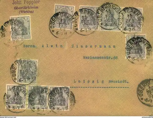 1908, 2 Pfg. Germania 10-mal auf Fernbrief ab  " TÜRKHEIM 19 FEB 05" nach Leipzig