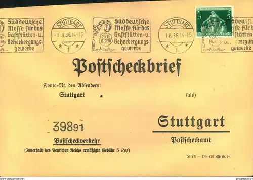 1936, 5 Pfg. Gemeindekonferenz als EF auf Postscheckbrief. Seltenere Verwendung