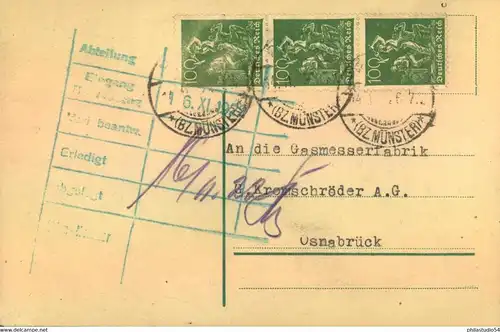 1922, 100 Pfg. Arbeiter grünlicholiv im 3-er-Streifen auf Postkarte ab RHEDE, geprüft Infla Berlin