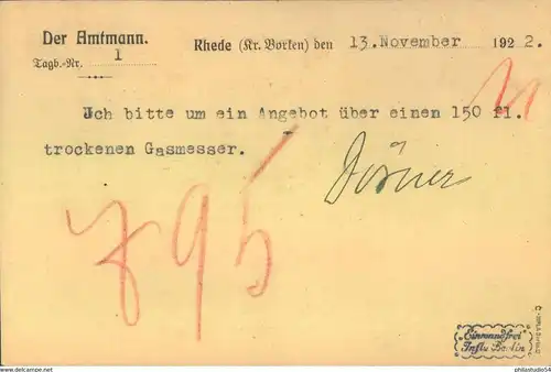 1922, 100 Pfg. Arbeiter grünlicholiv im 3-er-Streifen auf Postkarte ab RHEDE, geprüft Infla Berlin