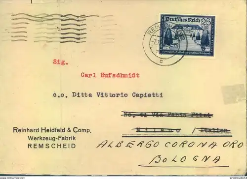 1939, 25 Pfg. Postkameradschaft auf Auslandsbrief ab REMSCHEID nach Milano und weiter nach Bologna. Zensur