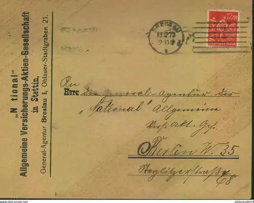 1922, 11.12., 12 Pfg. Arbeiter als eeltene EF auf Brief ab BRESLAU , geprüft- Michel 240 (170,-