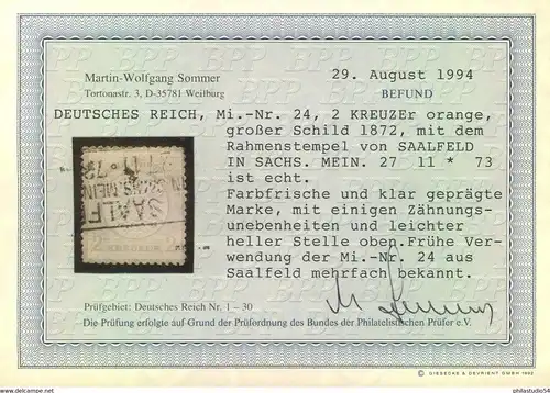 1872, BRUSTSCHILD: 2 Kreuzer gr. Schild, gestempelt, Befund Sommer BPP - Michel 24 (3.200,-)