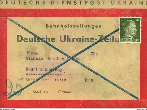 1942 DEUTSCHE DIENSTPOST: Ukraine Adresse für Bahnhofstungen "Deutsche Ukraine-Zeitung