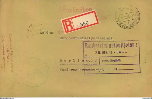 1943 DEUTSCHE DIENSTPOST: Niederlande, R-Brief Abs.FP-Nr. 49574 Pa. Amsterdam über Bentheim