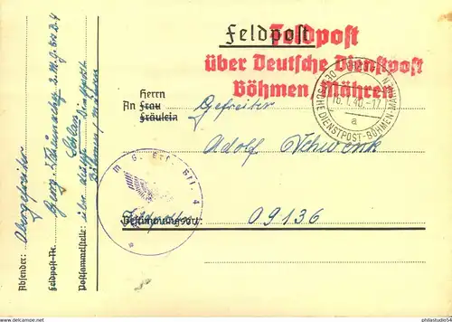 1940, DEUTSCHE DIENSTPOST BÖHMEN UND MÄHREN, Fedlpostkarte von PRAG 1 an FP-Nr. 09136