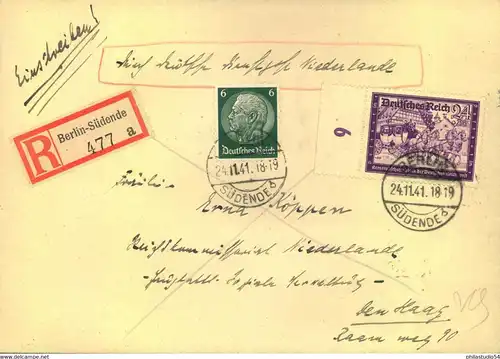 1941, DEUTSCHE DIENSTPOST NIEDERLANDE, R-Brief,nur R-Gebühr frankiert ab Berlin-Südende
