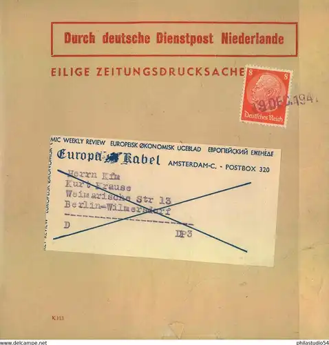 1941, DEUTSCHE DIENSTPOST NIEDERLANDE, Eilige Zeitungssache mit 8 Pfg. Hindenburg