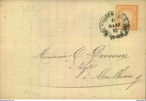 1873 1/2 Gr. großer Brustschild auf Ortsbrief mit vollem Inhalt und Hufeisenstempel "MÜHLHAUSEN i: ELS."