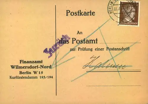 1944, 3 Pf. Hitler als EF auf Anschriftenprüfung ab BERLIN CHARLOTTENBURG 2