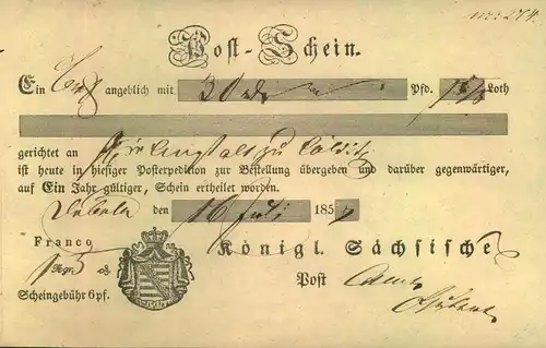 1857, 1867: 2 verschiedene Postscheine von Döbeln