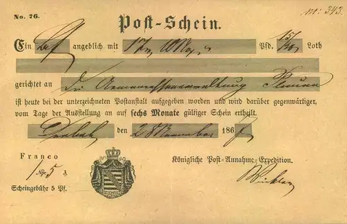 1857, 1867: 2 verschiedene Postscheine von Döbeln