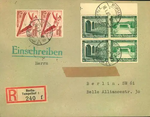 1937, Doppel-Orts-Einschreiben ab BERLIN-TEMPELHOF. Seltenes 46 Pf. Porto