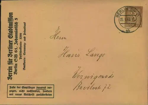 1943, 3 Pf. Privat Ganzsachenumschlag "Verein für Berliner Stadtmission"