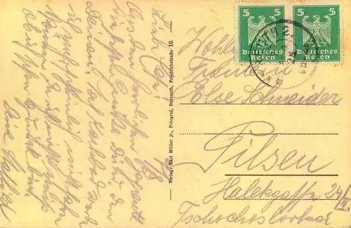 1925, 2-mal 5 Pf. Adler auf Postkarte zum Sonderporto in die Tschechoslowakei