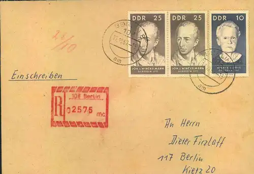 1967, Ortseinschreiben mit seltenem Numerator-R-Stempel "108 Berlin", Unterscheidungsbuchstabe "mc" nach Berlin-Köpenick
