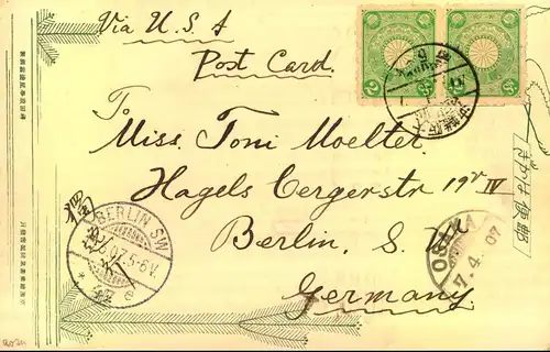 1907, beautiful picture card via OSAKA to Berlin