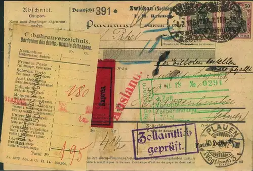1918, Eil - Paketkarte aus ZWICKAU  mit Germania-Frankatur, diese mit Firmenocj "K Z"