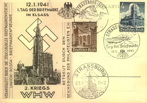 1941, Sonderkarte "1. Tag der Briefmarke im Elsass" mit 3 versch SST von Strassburg