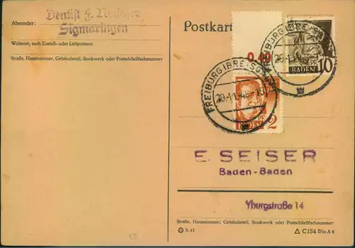 BADEN, 1948: 2 Pf. Freimarke mit Leerfeld in MiF auf Postkarte ab FREIBURG (BREISGAU)